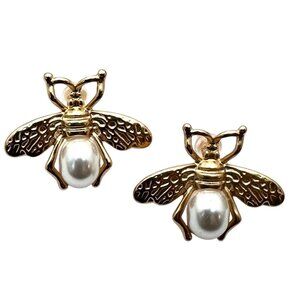 Bee Bug Earrings Pierced Faux Pearl Gold Tone Chandelier New
